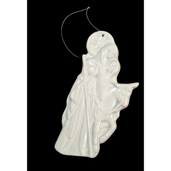 White Ceramic Nativity Ornament Featuring Holy Family & Donkey 6 Inch  Matthew 2 - Picture 1 of 5